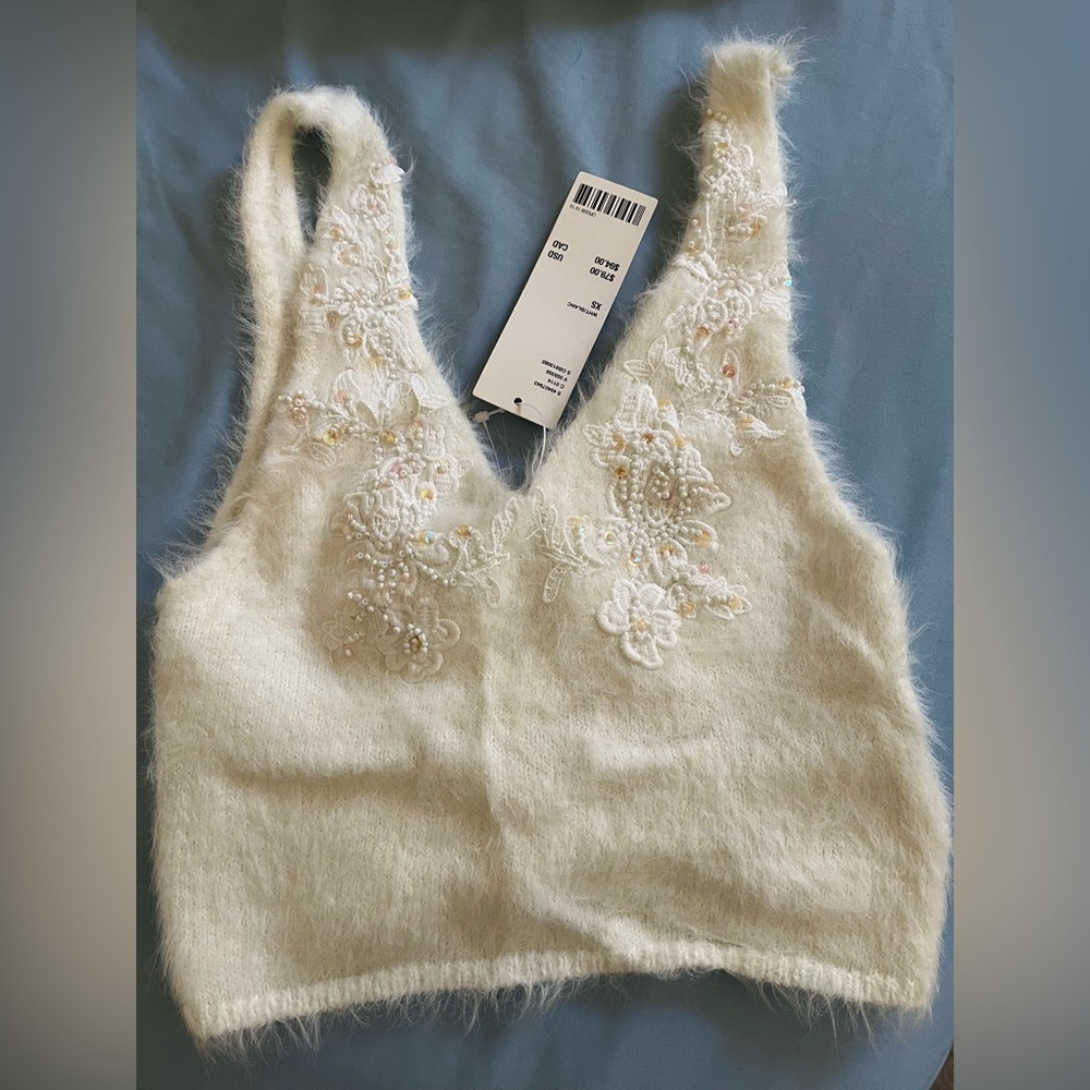 White/cream sequined/embroidered crop top